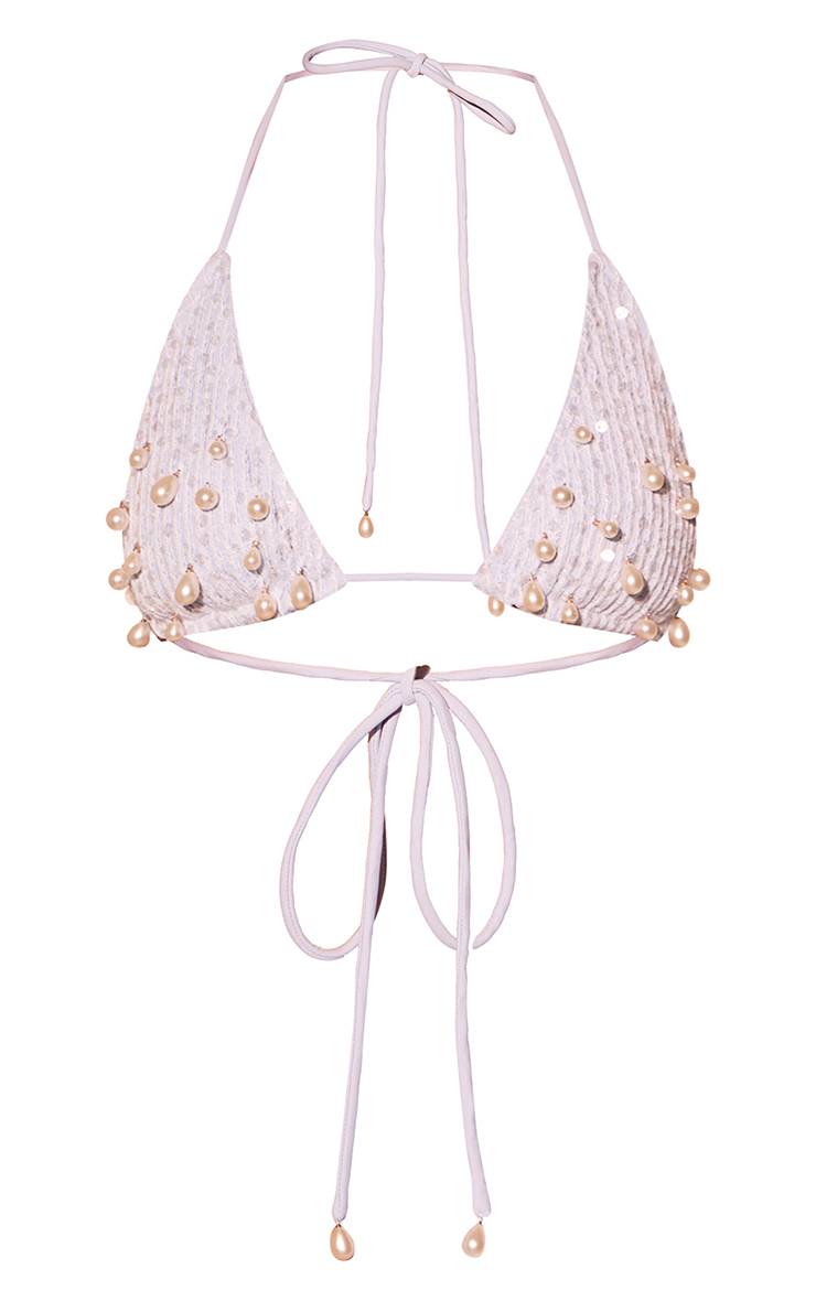Bleu Layette Haut De Bikini Triangle À Ornements De Perles En Goutte