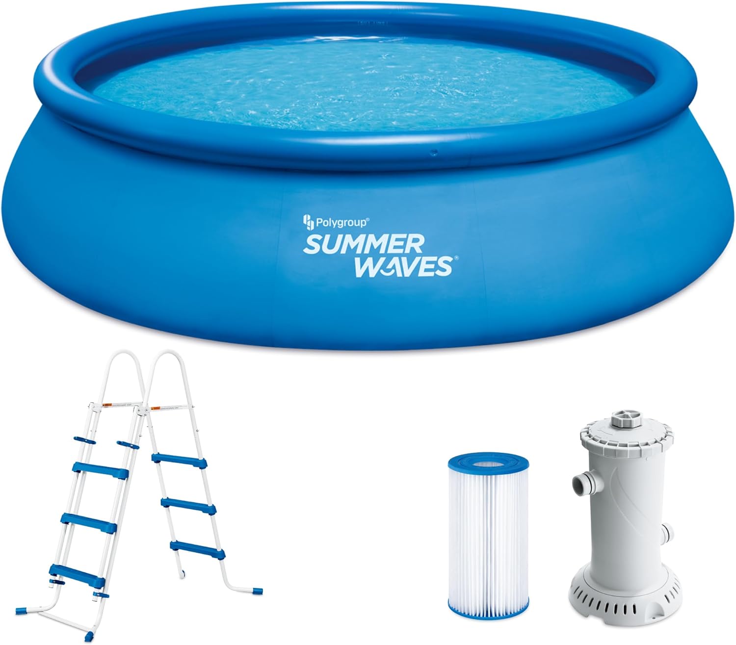 Summer Waves Quick Up Pool Komplettset | Rund 457x107 cm Blau | Aufstellpool Set | Gartenpool & Schwimmbecken inkl. Filterpumpe, Bodenvlies, Abdeckplane & Einstiegsleiter (457x457x107 cm)