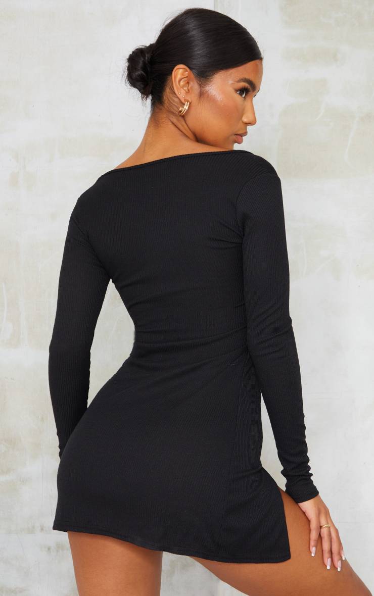 Noir Robe Moulante À Manches Longues Avec Encolure Carrée Et Ourlet Fendu Côtelé