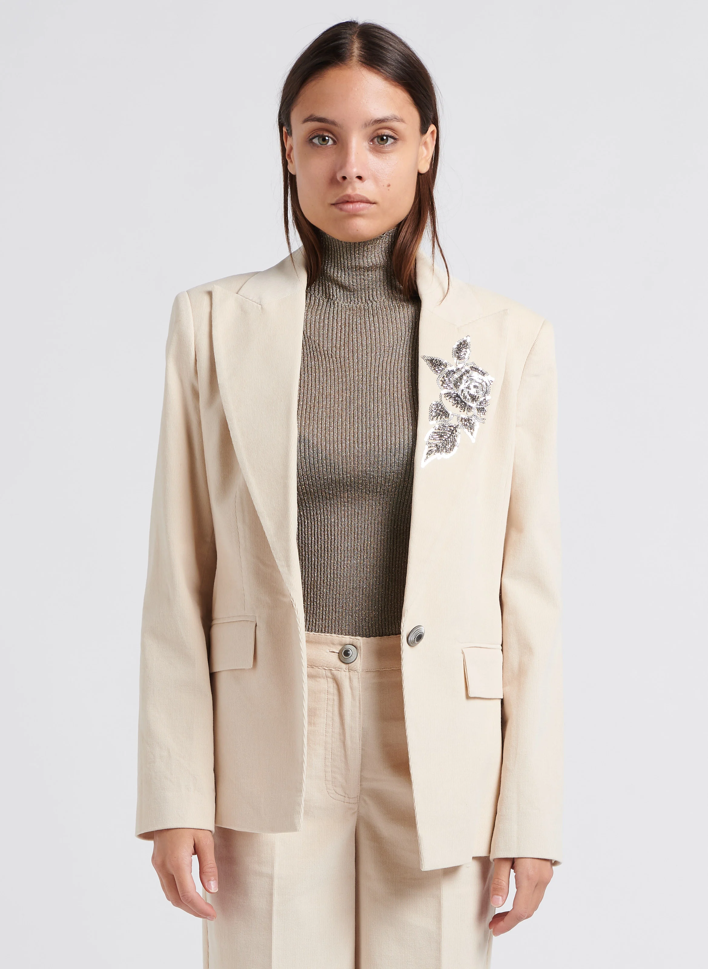 Veste col tailleur à sequins et perles en coton | Beige
