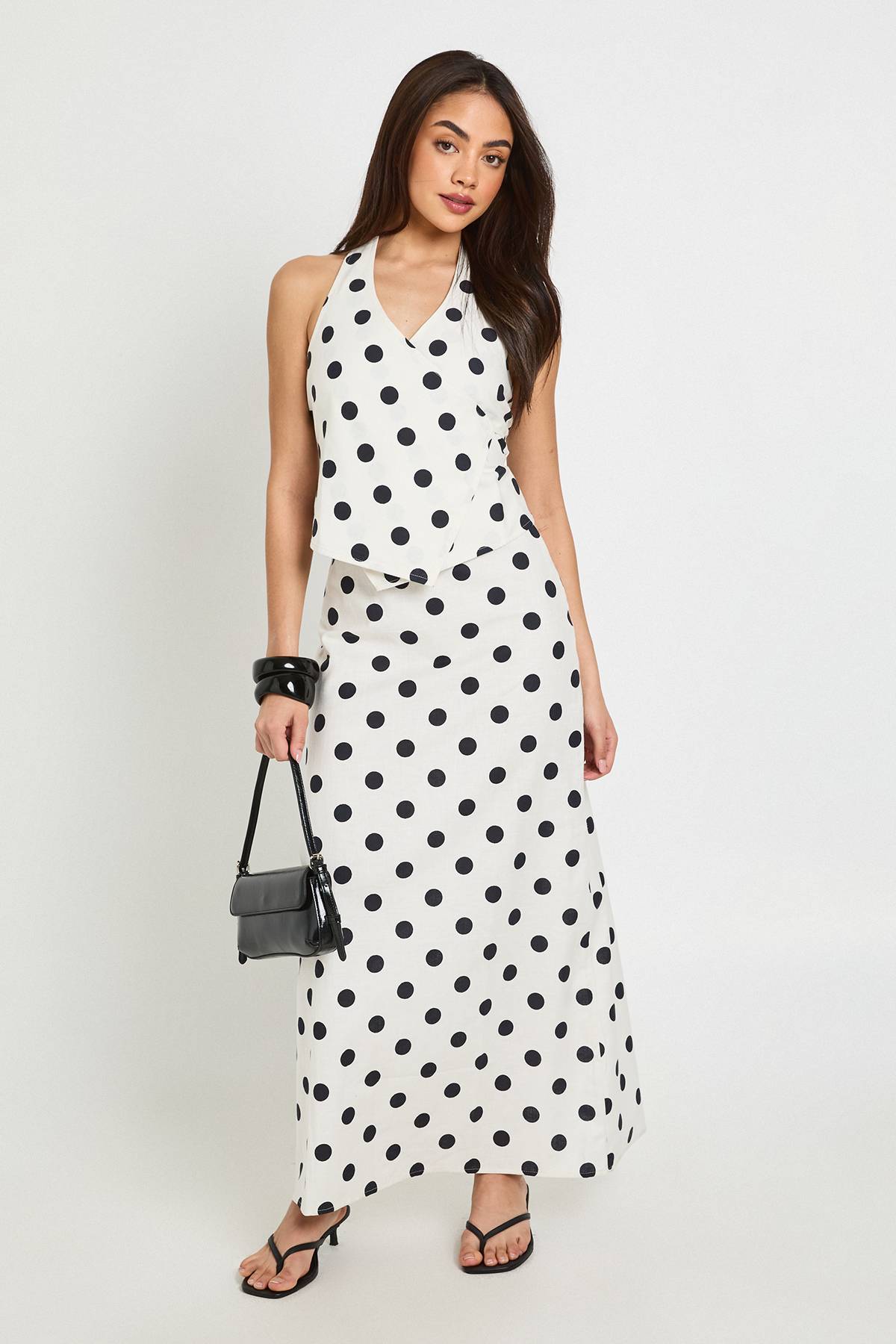 boohoo Jupe Longue Taille Basse À Pois Effet Lin