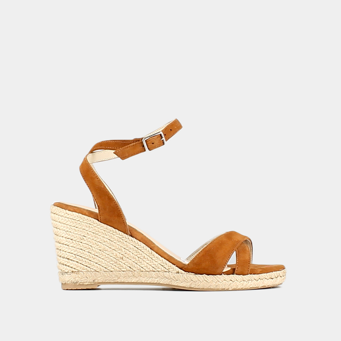 Espadrilles à talons hauts et brides  en croute cognac