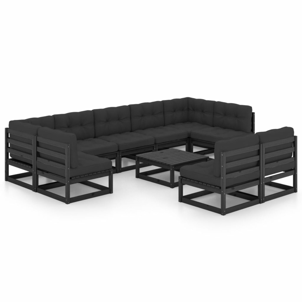 Salon de jardin meuble d'extérieur ensemble de mobilier 10 pièces avec coussins noir bois de pin massif