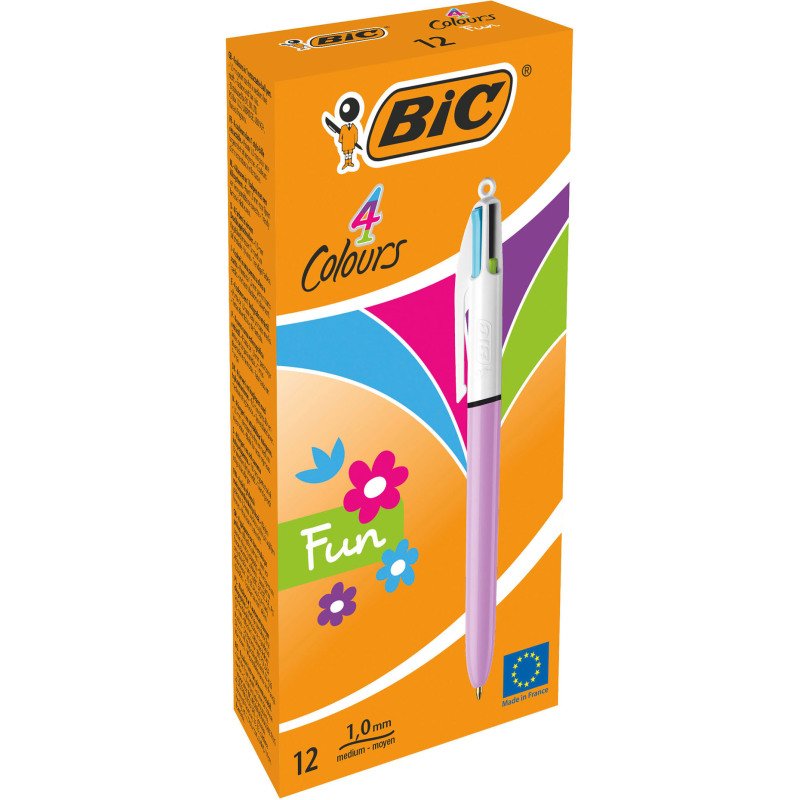 Stylo bille Bic 4 couleurs Lilas rétractable pointe 1 mm - écriture moyenne
