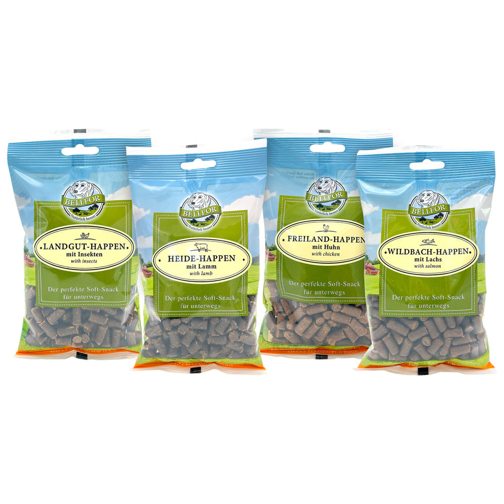 Mélange 4 collations légères - freiland-happen 200g + heide-happen 200g + wildbach-happen 200g + landgut-happen 200g