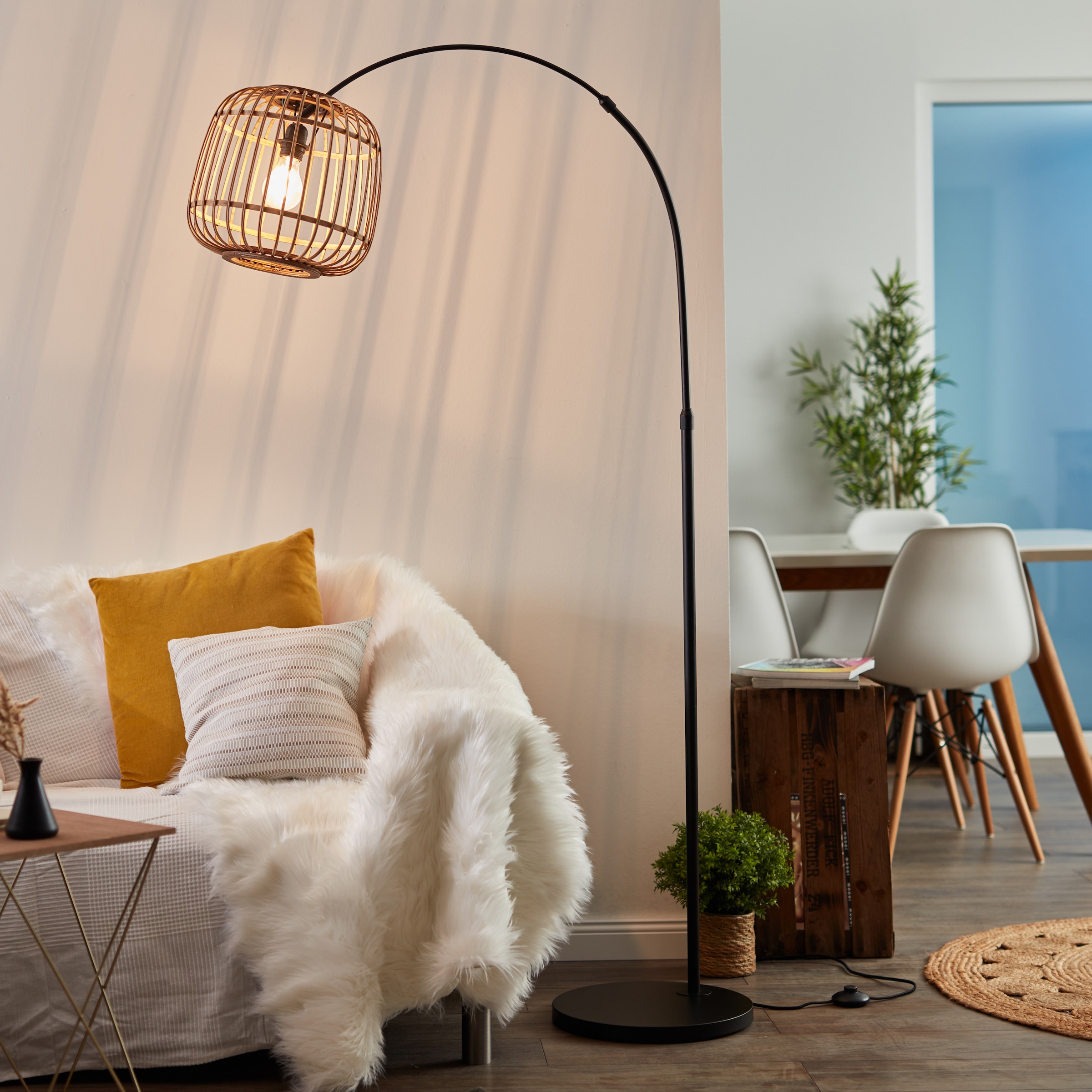 Brilliant Bogenlampe »Nikka« E27 1 Stk. mit Rattan-Schirm, 171 cm Höhe, E27, Metall/Rattan, schwarz/natur