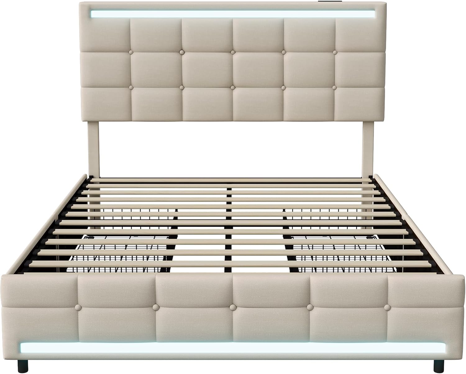 Polsterbett Doppelbett Stauraumbett Funktionbett mit USB-Laden und Stauraum am Kopfteil,Leinen,140x200 cm (Beige)