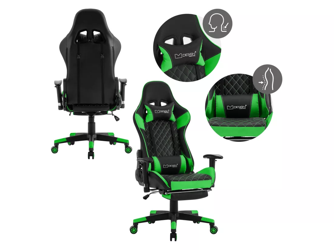 Chaise de jeu avec repose-pieds extensible 2D Accoudoirs Noir/Vert en similicuir ML-Design