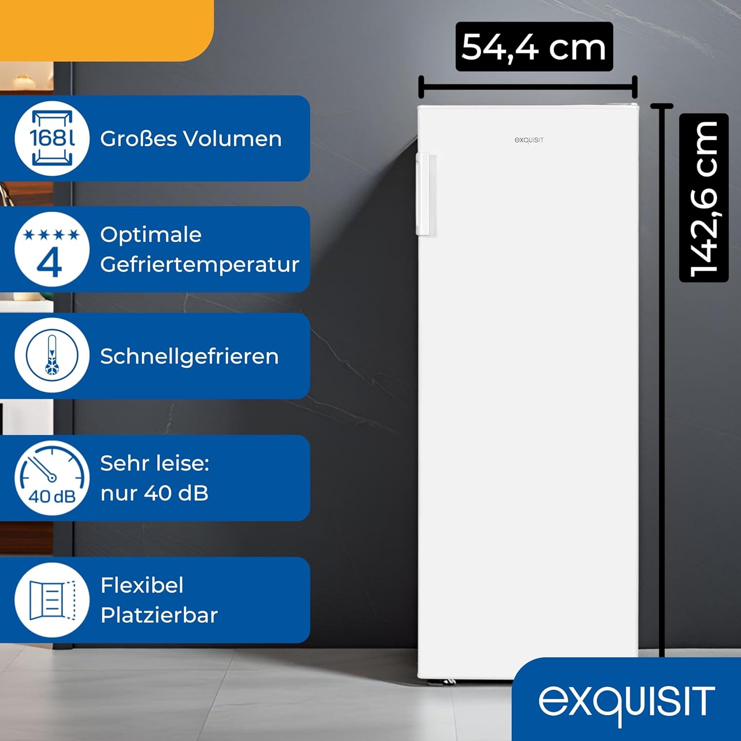 Exquisit Gefrierschrank | 168 l Nutzinhalt, Energieeffizienzklasse D, 40 dB(A) | hohe Bauform, 4-Sterne-Gefrieren, manuelle Temperaturregelung, wechselbarer Türanschlag | GS5230-H-040D weiss