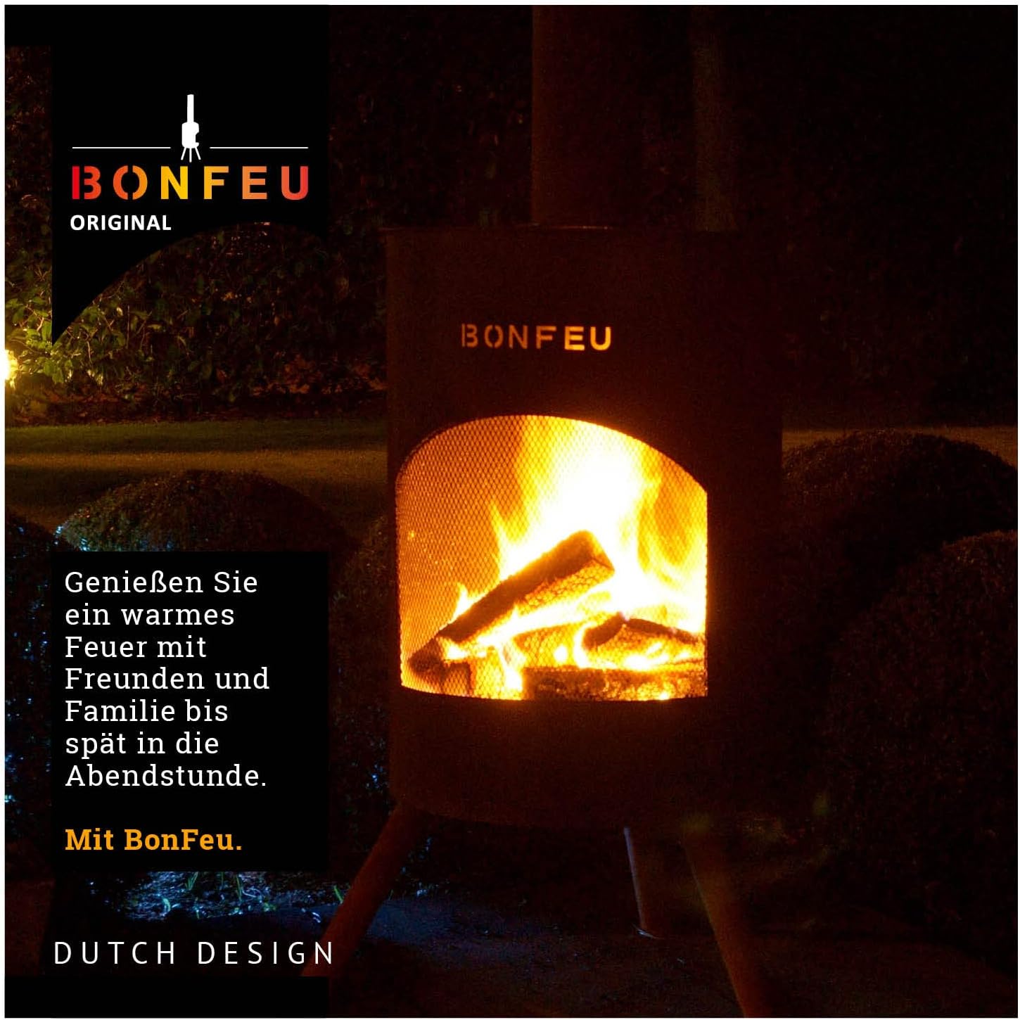 BonFeu BonTon 40 Schwarz - Terrassenofen - Feuerstelle mit Funkenschutz für entspannte Abende - Feuersäule Outdoor - Terrassenkamin mit Grillrost - Gartenofen aus Cortenstahl - 40x40x145cm