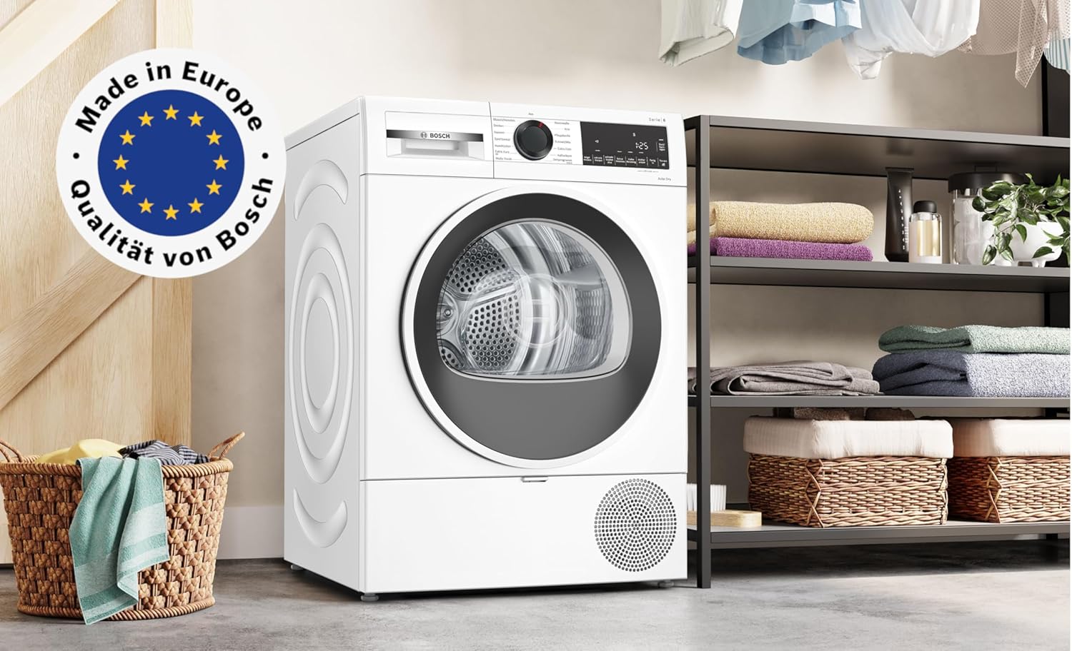Bosch WQG241001, Serie 6, Wärmepumpentrockner, 9 kg, AutoDry, Quick-40-Trocknen, Nachlegefunktion, Sensitive-Drying-System, Halbe Beladung, Anti Vibration Design, 63 dB, Touch-Control, Zeitvorwahl