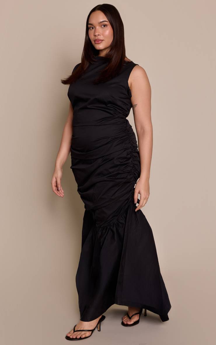 Noir Robe Mi-longue Grande Taille À Fronces Et Ourlet Évasé