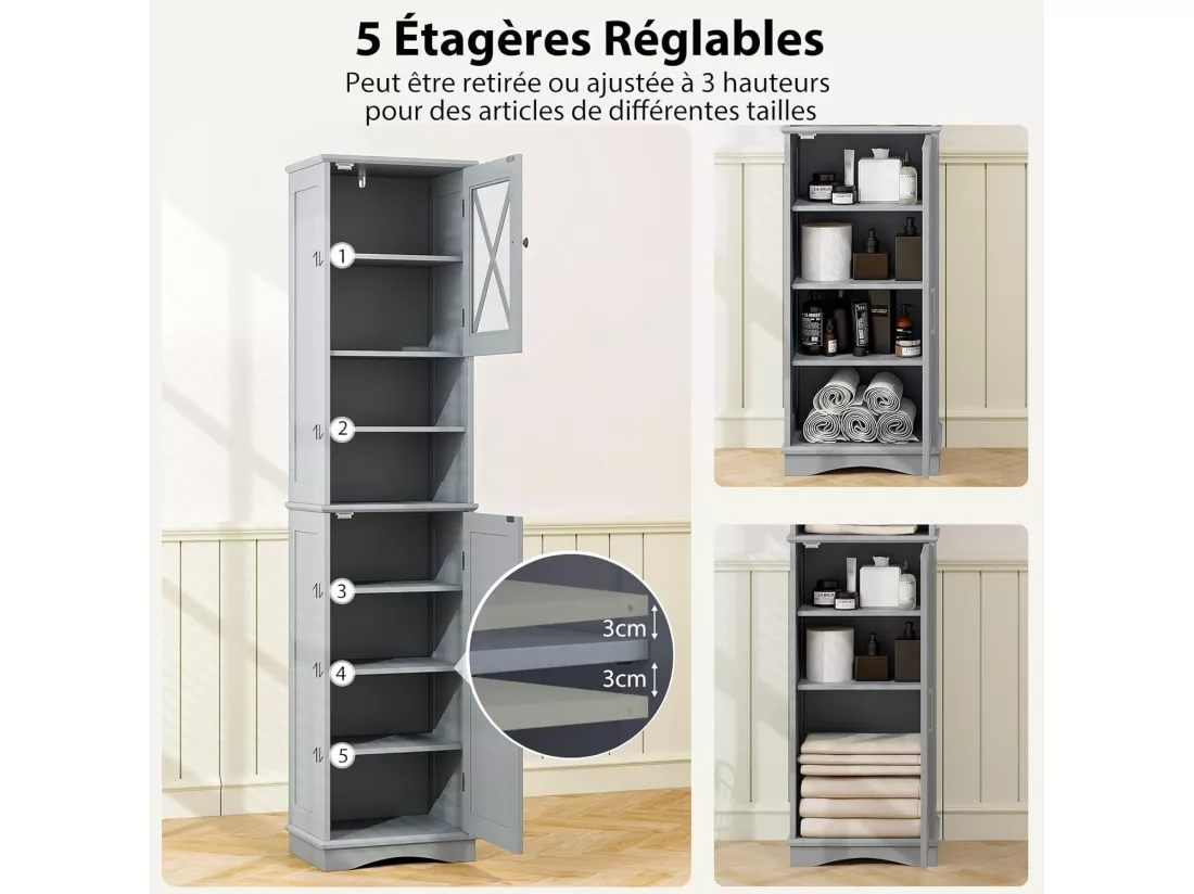 Armoire de Salle de Bain de 170 cm de Hauteur, Meuble de Rangement, Colonne, 5 Étagères Réglables, Placards à Porte, 2 Compartiments, Gain de Place, 30 x 40 x 170 cm, Gris