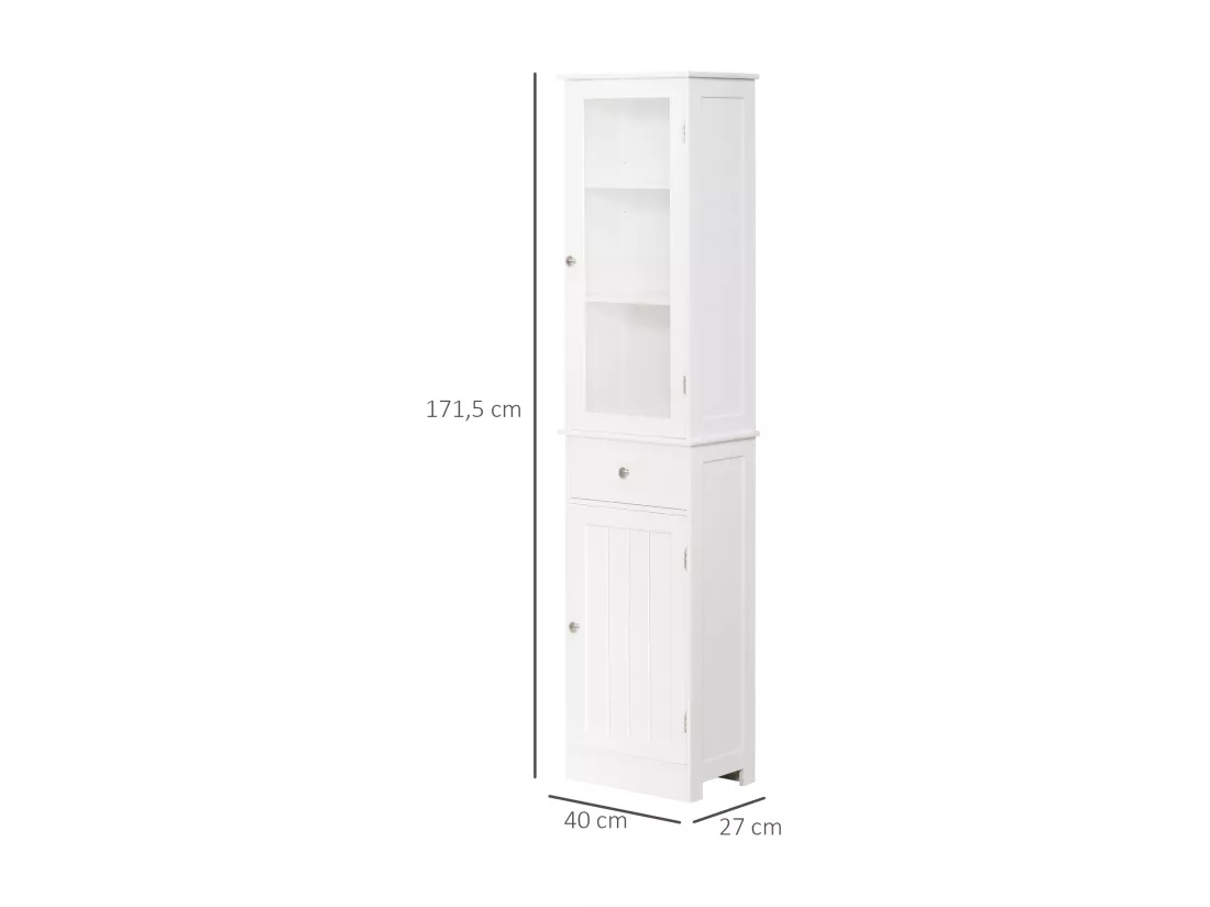 Meuble colonne de salle de bain placard porte acrylique 2 étagères placard porte 1 étagère tiroir MDF blanc