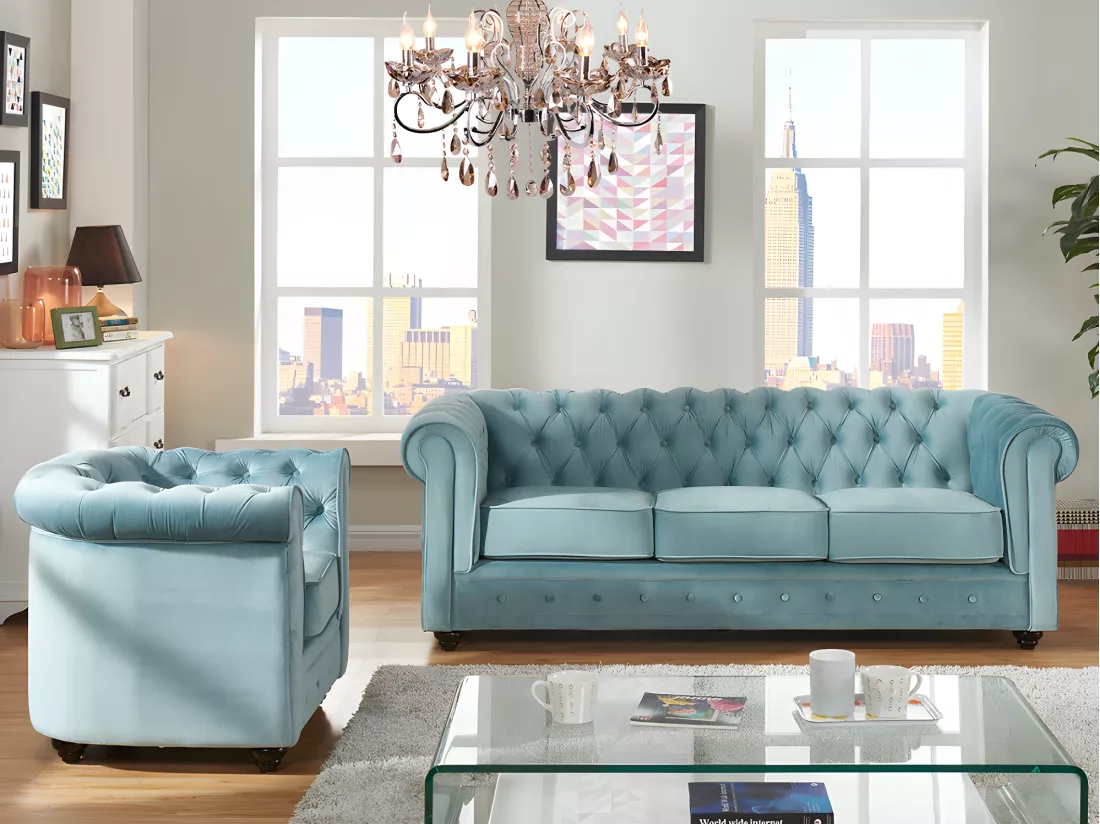 Canapé 3 places et fauteuil CHESTERFIELD - Velours bleu pastel