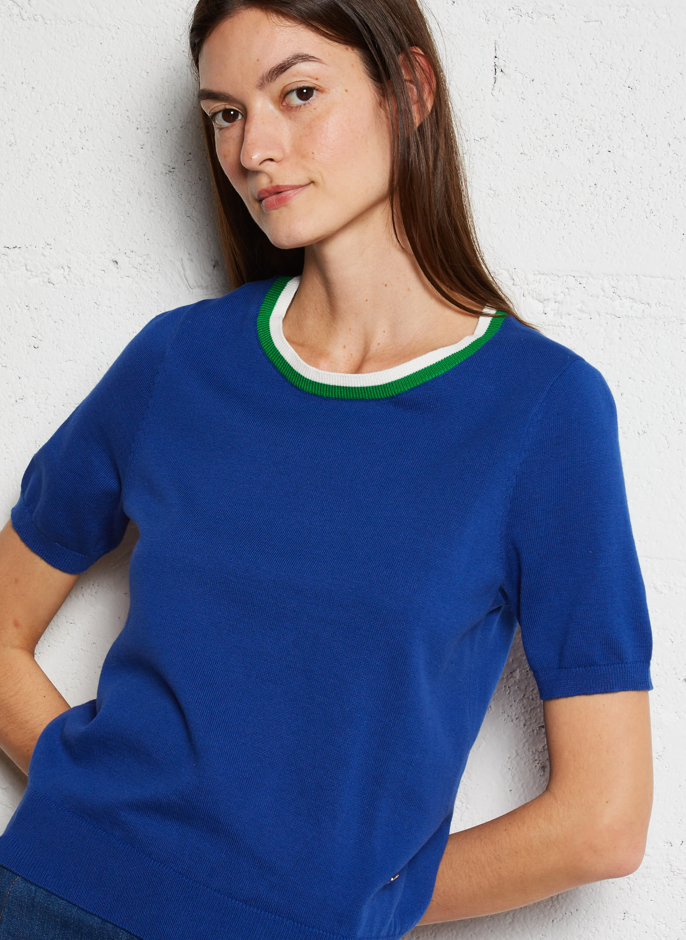 MAE - Pull droit manches courtes en coton | Bleu