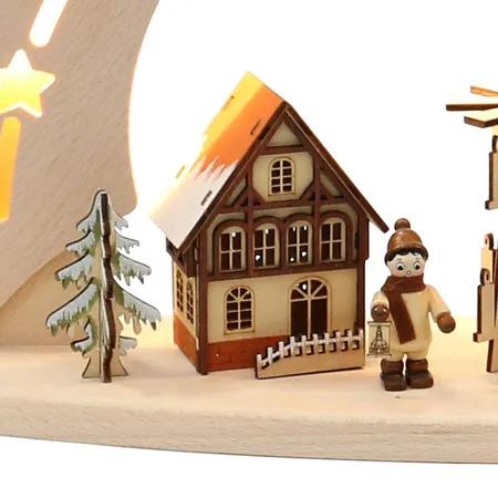 Sigro Holz Schwibbogen Pyramide/Häuser/Winterfiguren verschneit