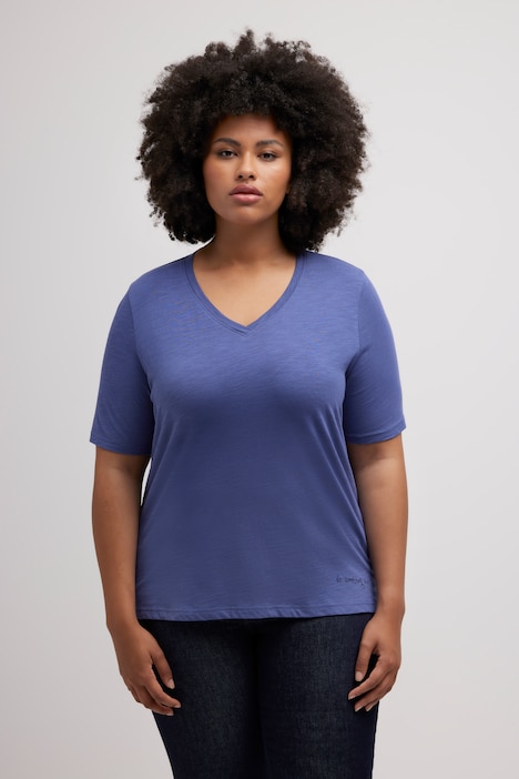 T-Shirt, Saumdruck, V-Ausschnitt, Halbarm, Biobaumwolle