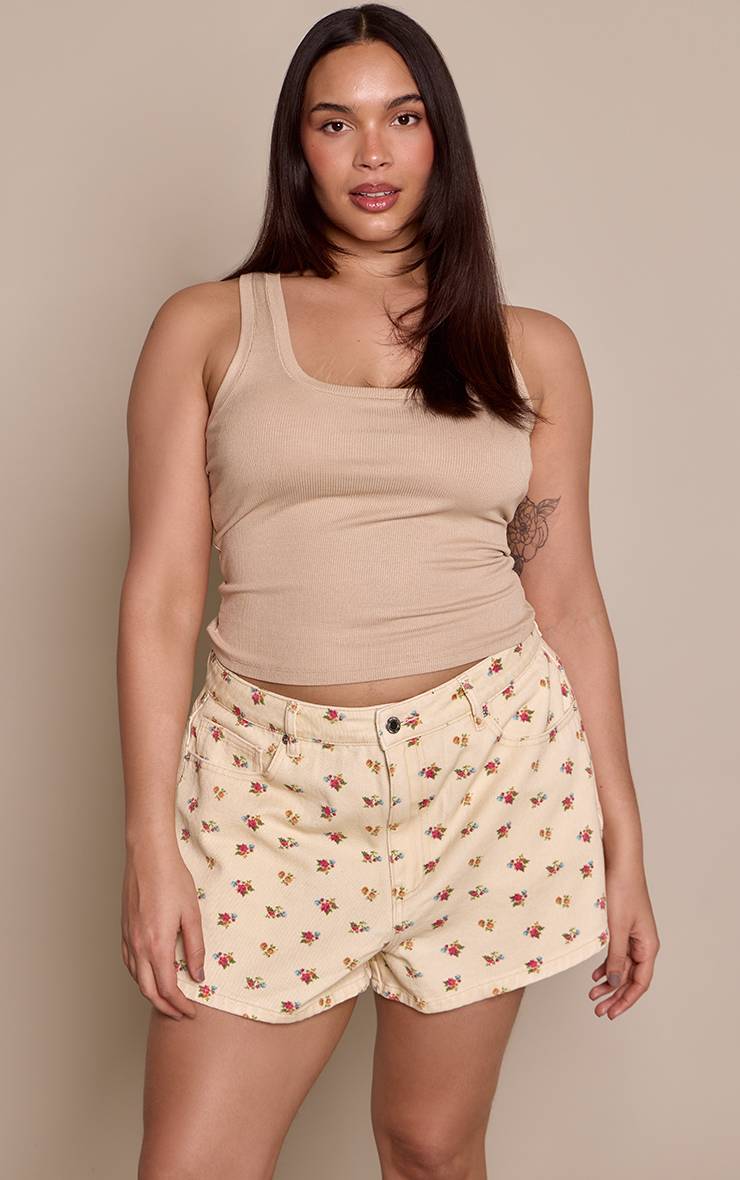 Crème Short Mom En Jean Taille Haute Imprimé Fleuri Ditsy Grande Taille
