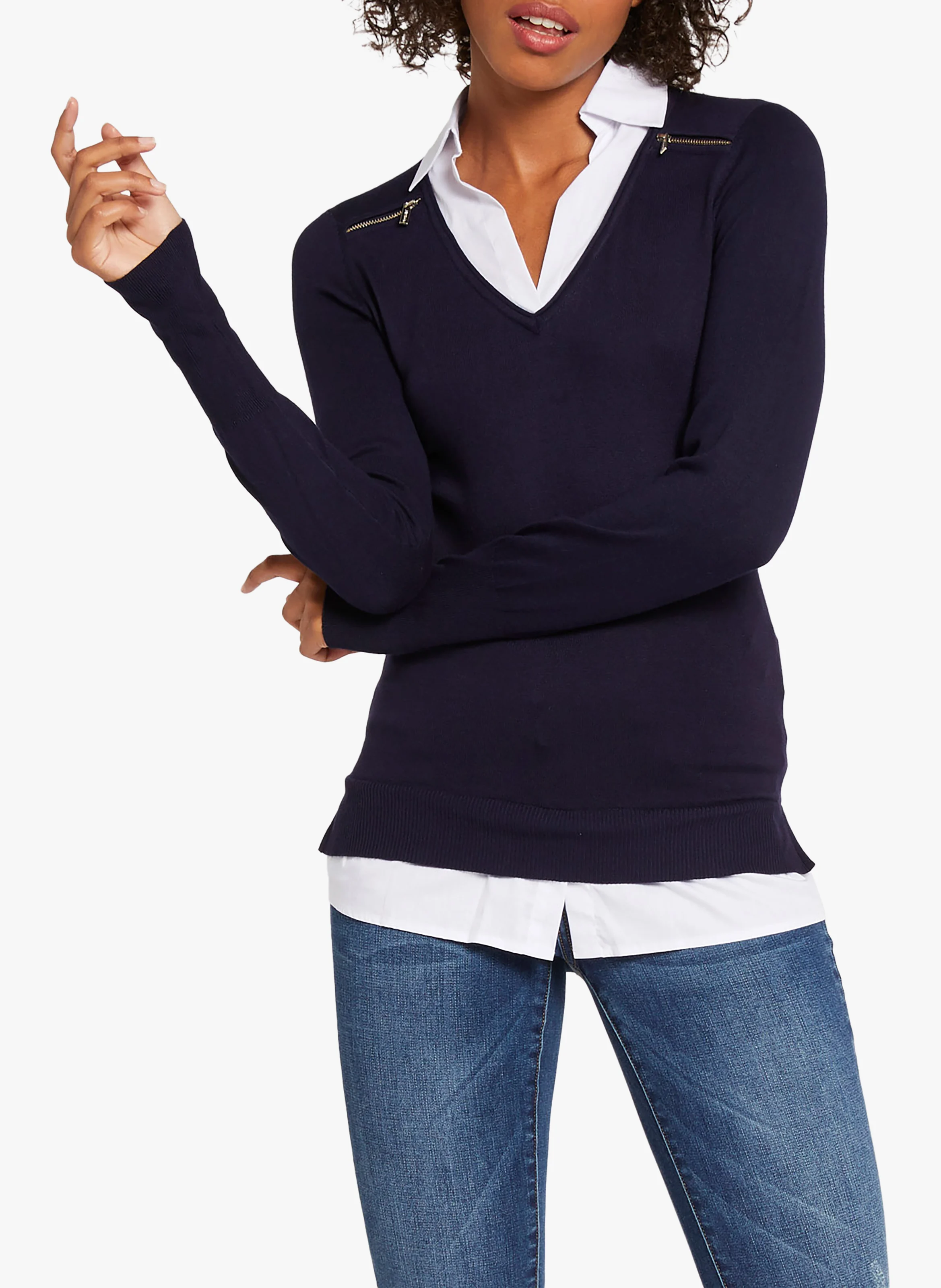 Pull col V en coton mélangé | Bleu