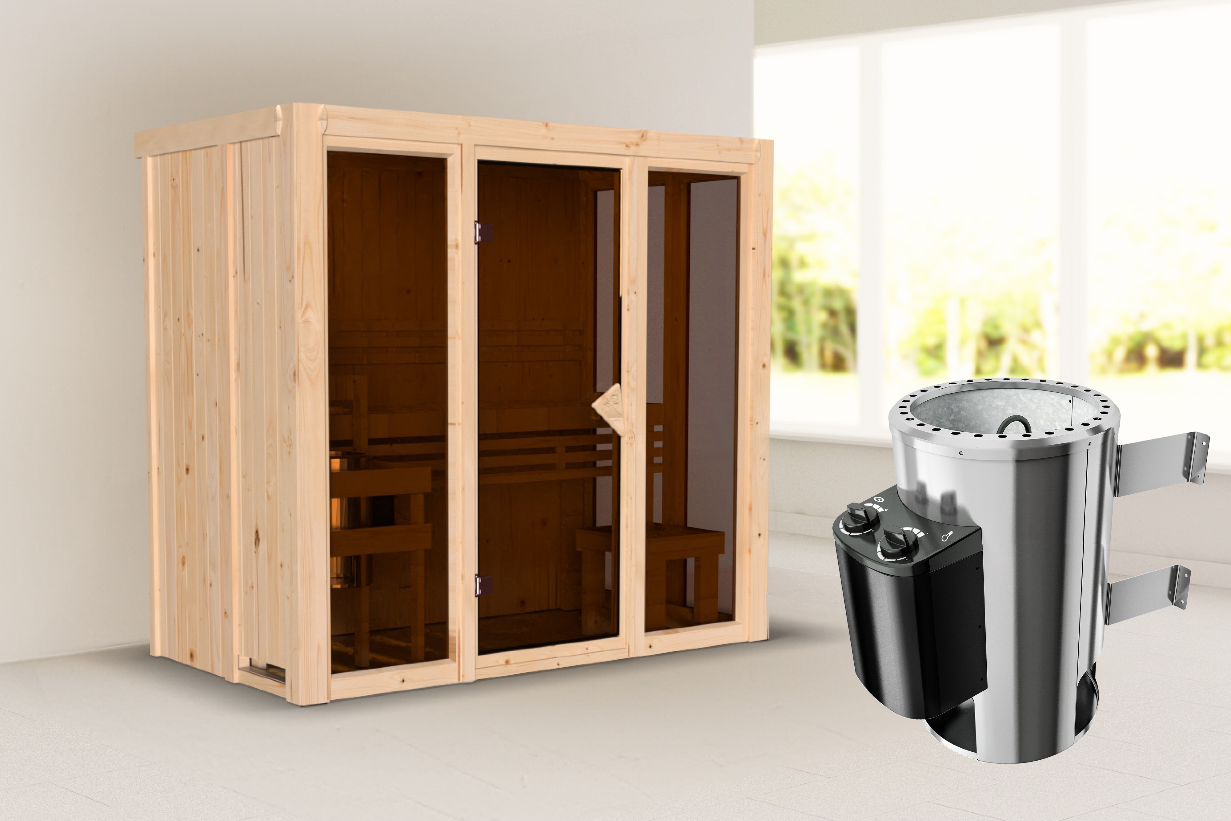 Karibu 68 mm Sauna Ida 1-3 inkl. Ofen 3,6 kW integrierte Steuerung in versch. Größen