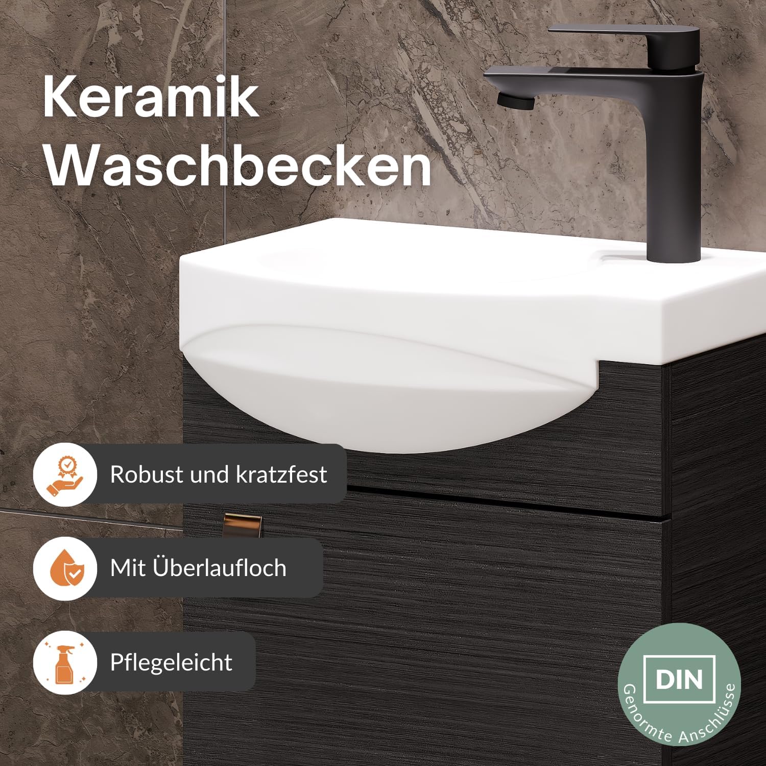 Planetmöbel Badmöbel Set Waschtisch mit Unterschrank 40 x 60 x 29 cm mit Waschtischarmatur schwarz für Badezimmer, Gäste WC & Bad, Anthrazit