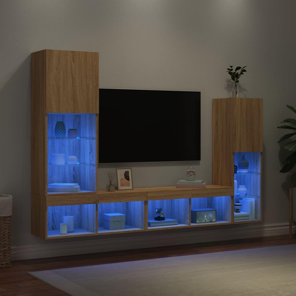 vidaXL Wohnwand 4-TLG., Schrankwand mit viel Stauraum, Anbauwand mit LED-Beleuchtung, Wandmontage Fernsehschrank Wohnzimmer Set Schrank, Sonoma-Eiche Holzwerkstoff