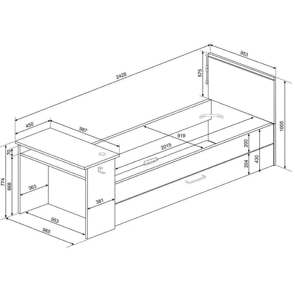 Bed Bzone 90x200 cm met bedlade, bureau en ledverlichting - antraciet