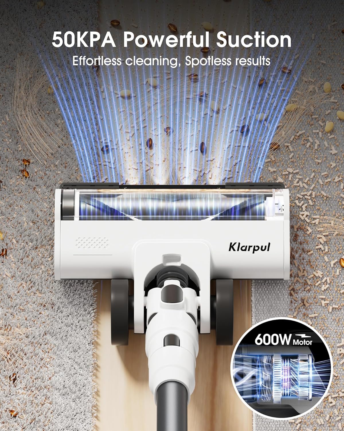 Kabelloser Staubsauger, 600W 50KPa, 65 Min Laufzeit, Schnellladefunktion, Selbststehender Stielstaubsauger mit LED-Licht und Touchscreen, Leichtgewicht für Tierhaare/Teppich/Boden, Silber