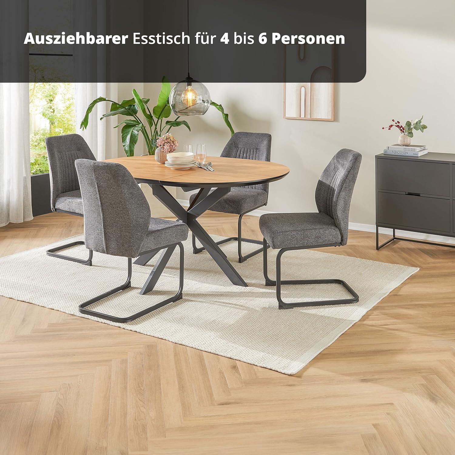 KHG Esstisch ausziehbar Küchentisch rund 110-150 cm mit Butterfly-Auszug für 4-6 Personen - Metall Sterngestell, Tischplatte Holzwerkstoff beschichtet, Schweizer Kante, Eiche Optik