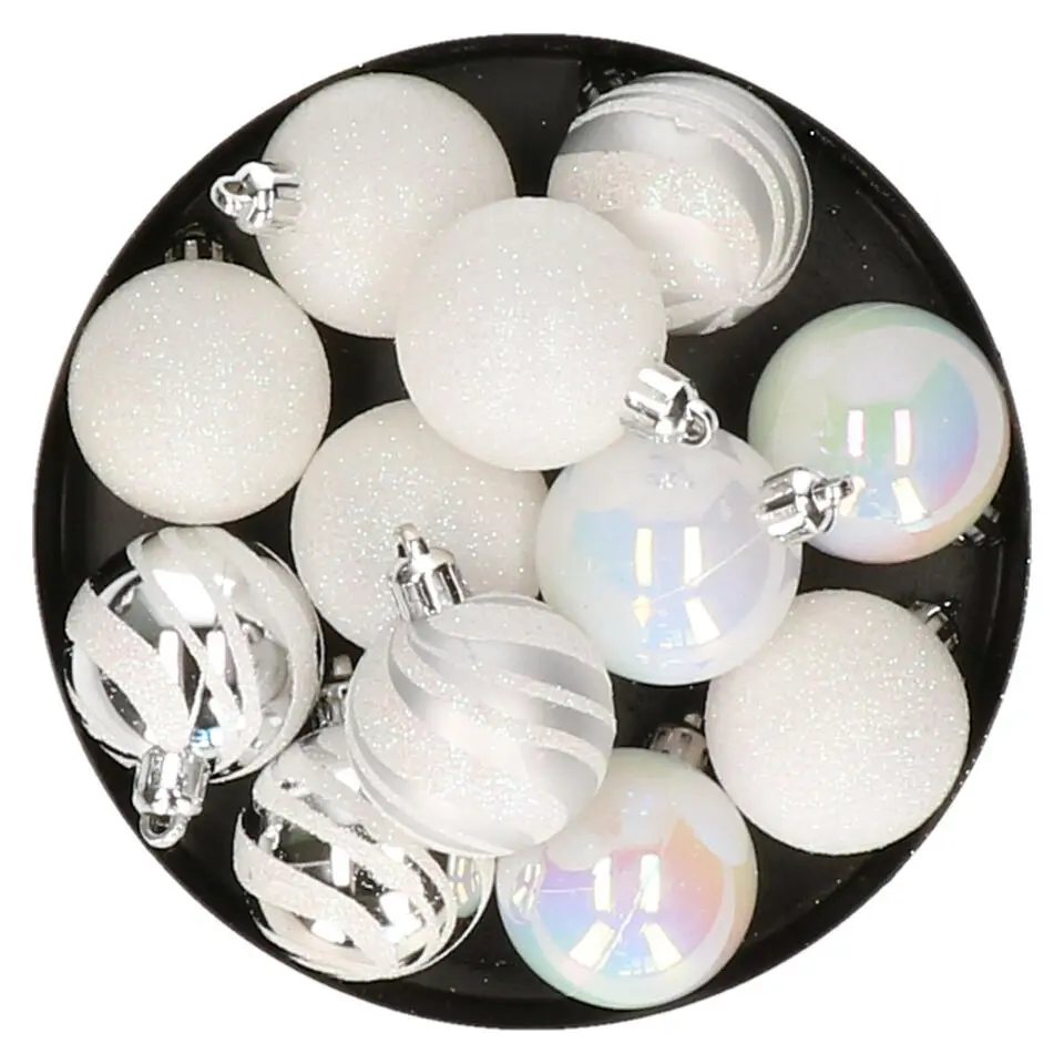 Atmosphera kerstballen - 12x - kunststof - mix wit/zilver - 4 cm