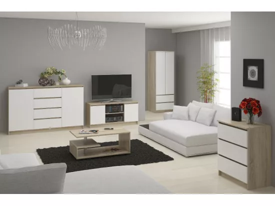 Grande Commode pour le salon AKORD K160 Chêne Sonoma 160 cm 10 tiroirs façade Blanche 160x40x121 cm