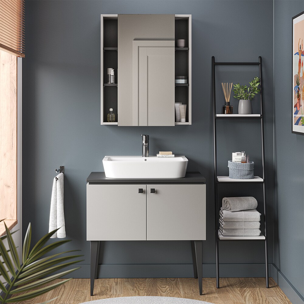 Vicco Badmöbel-Set Gerta in Grau-Schwarz, Badezimmer-Set, moderne Badserie, Spiegelschrank, Waschbeckenunterschrank