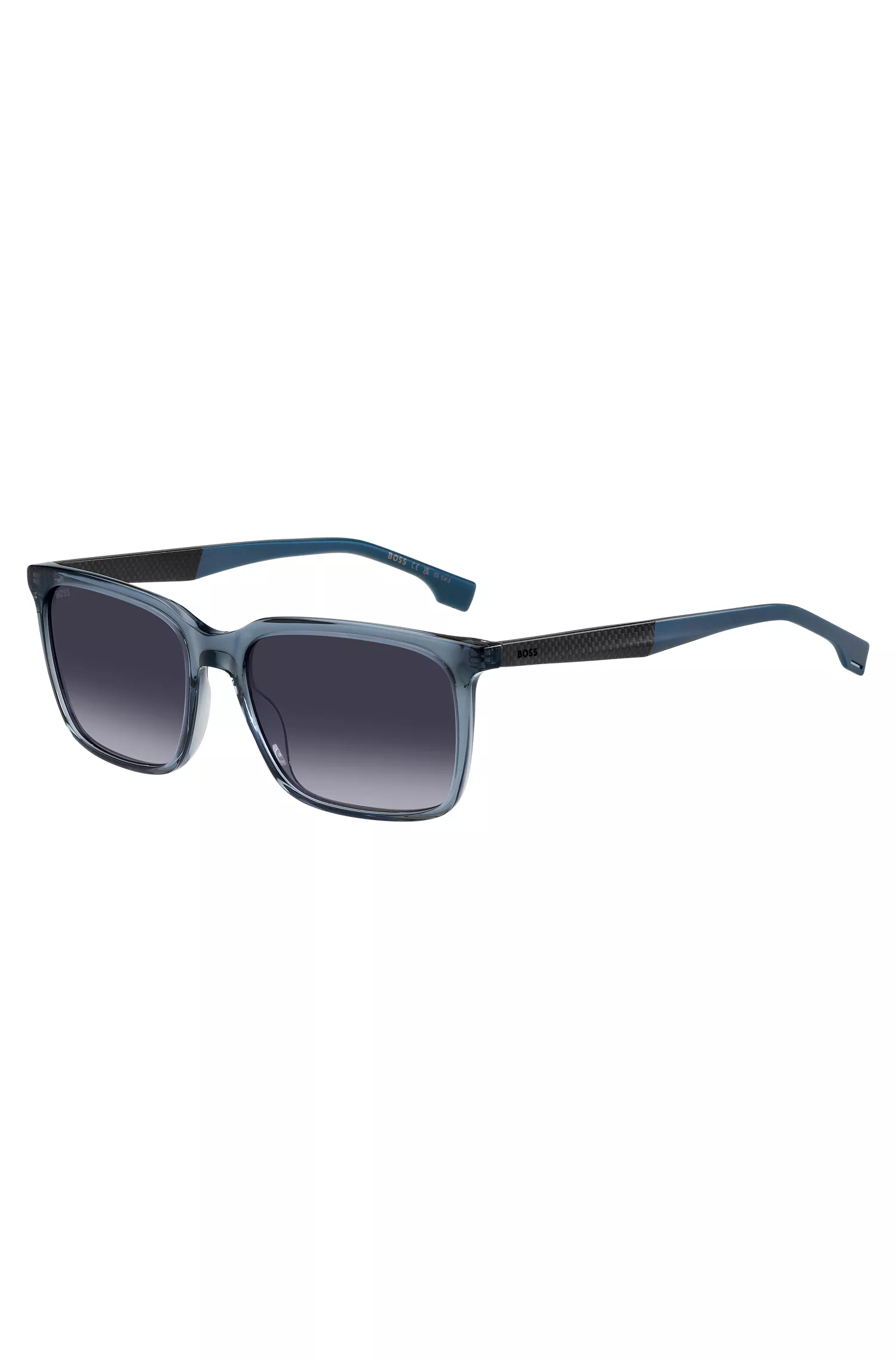 Óculos de sol BOSS em acetato preto e azul com hastes em fibra de carbono texturizada.