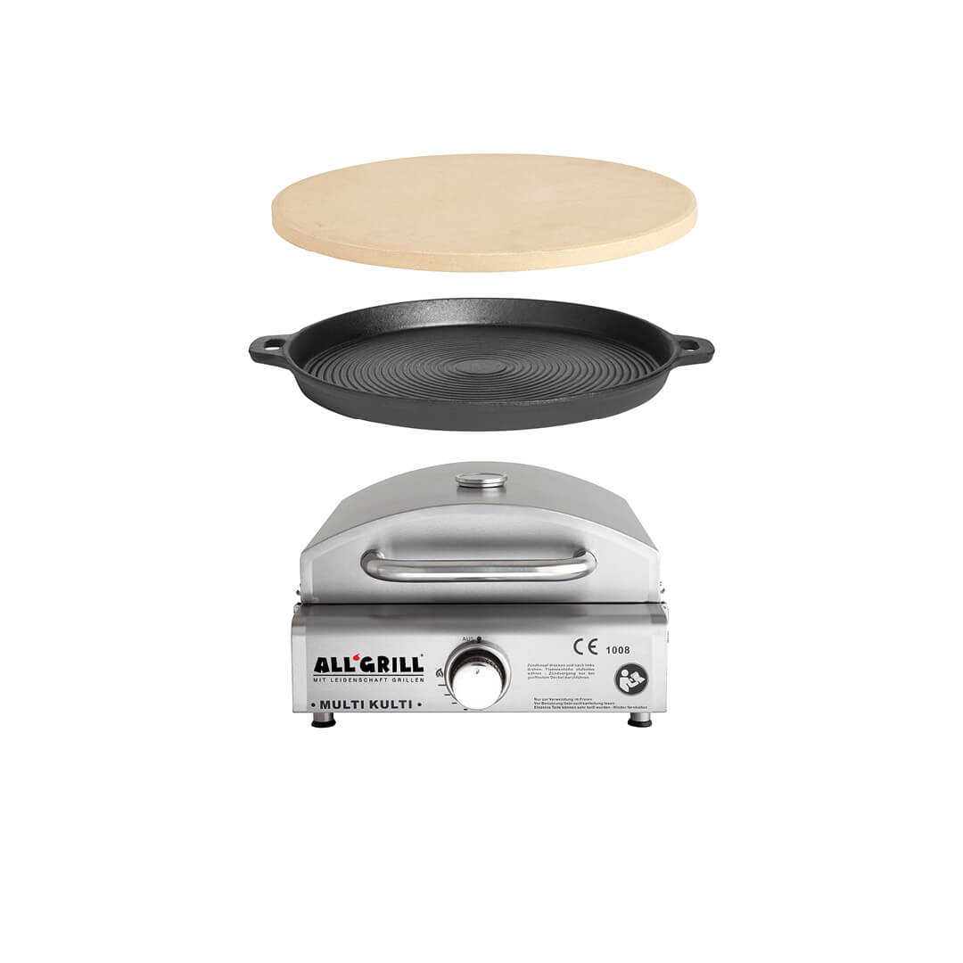 Multi-Kulti Gasgrill mit Pizzastein und Gussgrillplatte, tragbar, Ø 33 cm Pizzastein, Abmessungen 42 x 51 x 25 cm + Ø 35 cm Gusseisenpfanne