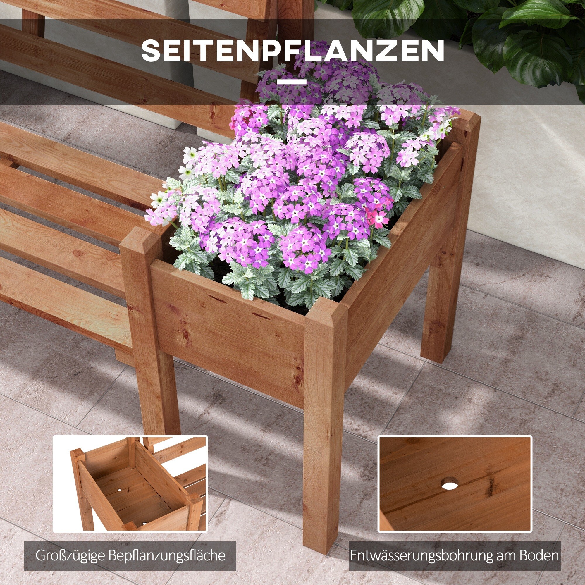 Outsunny Gartenbank mit 2 Blumenkästen braun 184L x 59B x 95H cm