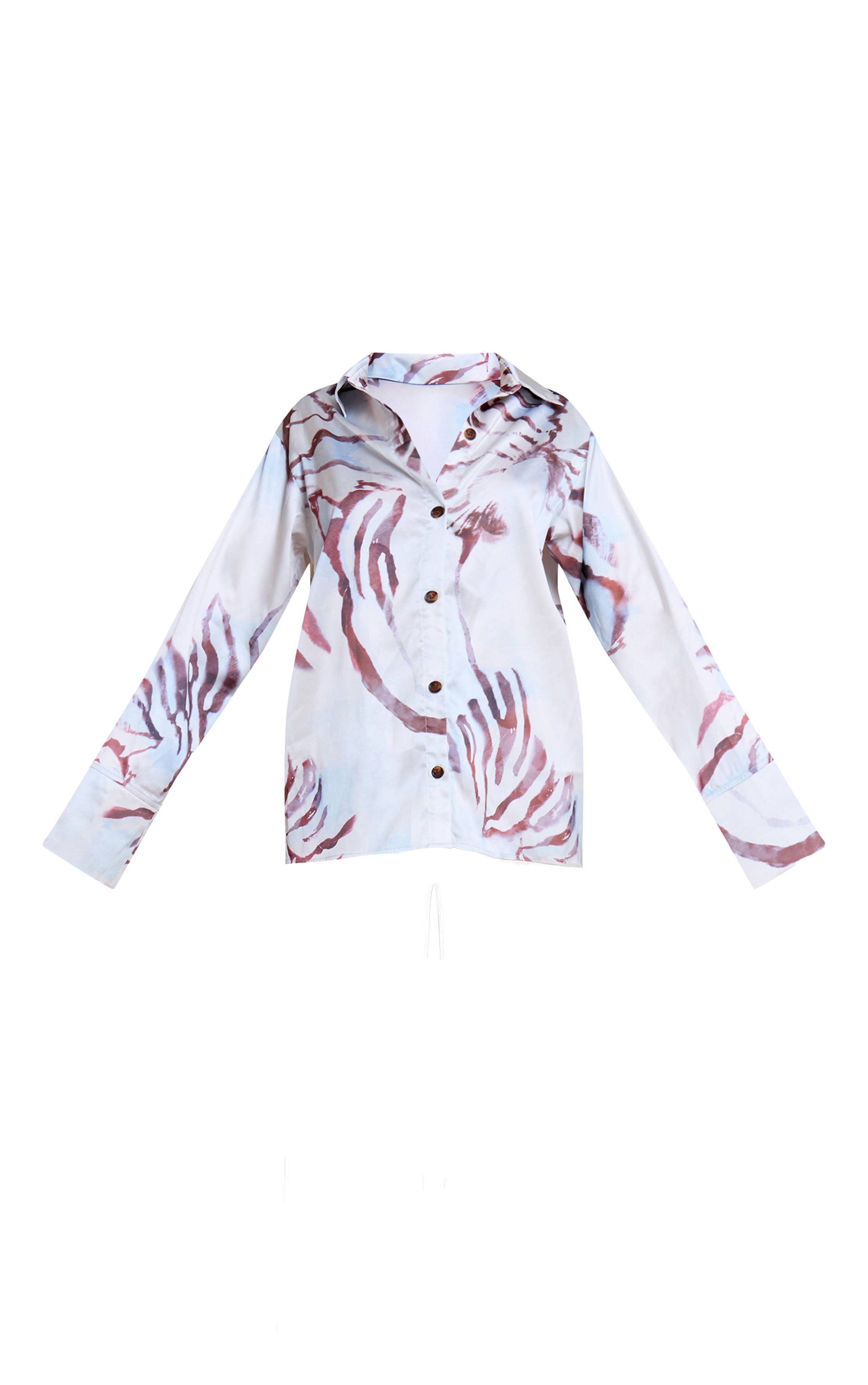 Blanc Chemise Surdimensionnée Satinée À Imprimé Avec Boutonnage