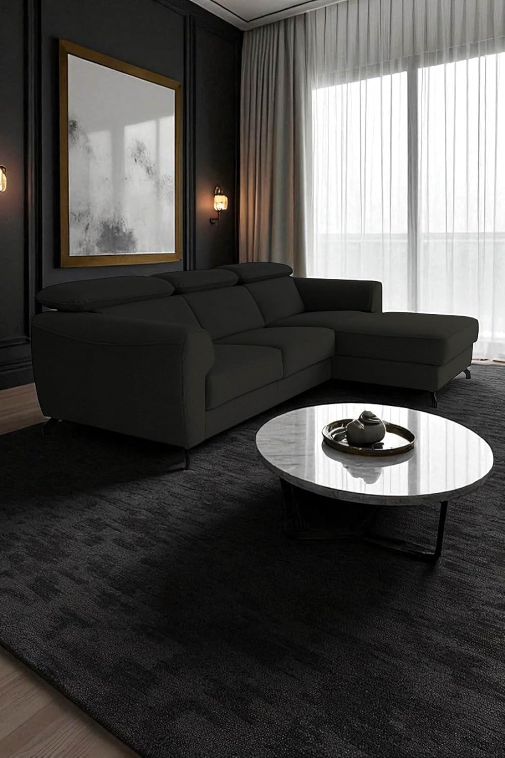 FENIKS Schlafsofa Ecksofa - L-Form - 250 x 172 x 101 cm - Sofa Pflegeleicht - Metallfüße - Rechts Compass Schwarz