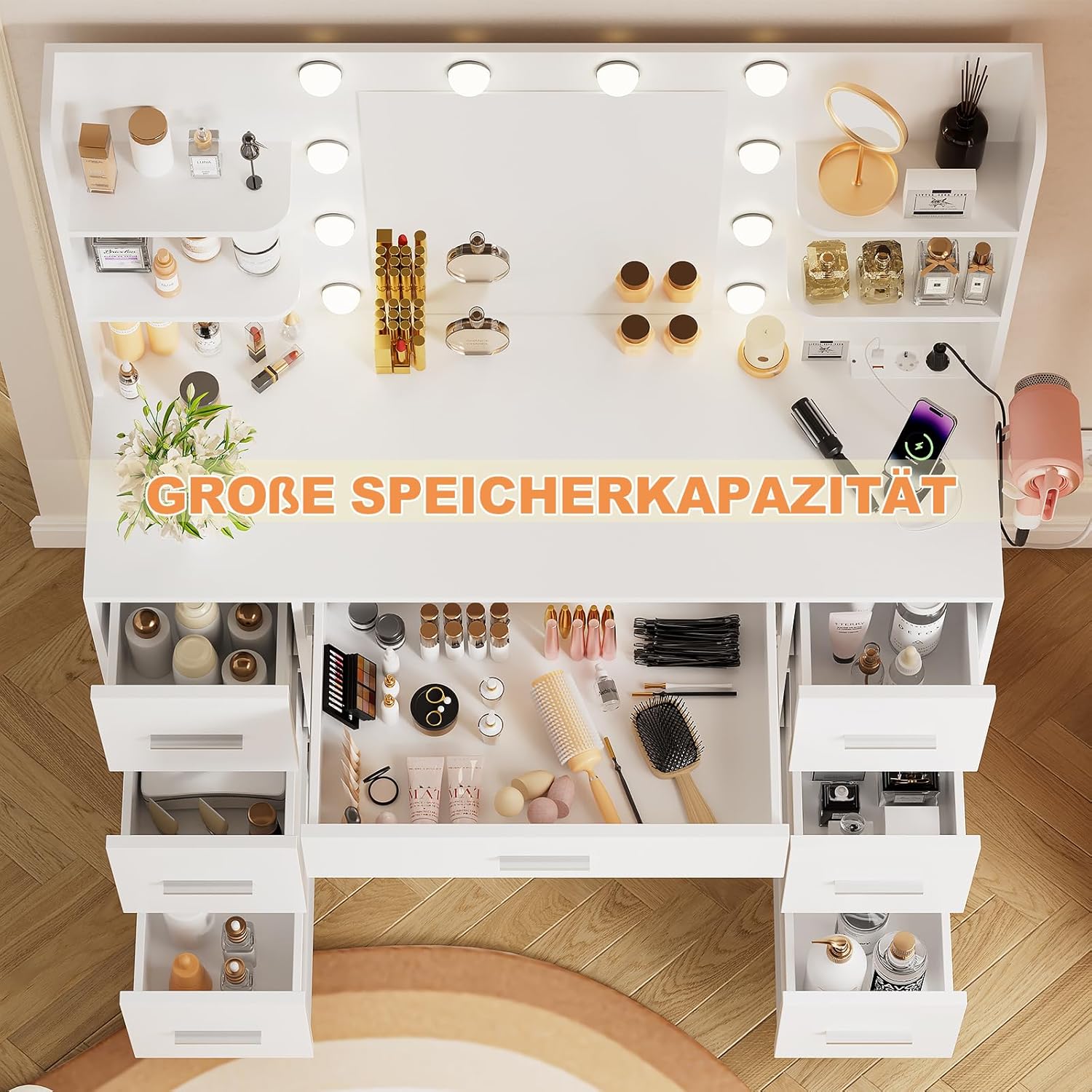 Airfish Große Schminktisch mit LED-Beleuchtung, Einstellbarer Helligkeit, Frisiertisch mit Spiegel, 7 Schubladen und Steckdose,4 Ablagen, Modern, für das Schlafzimmer (Weiß)