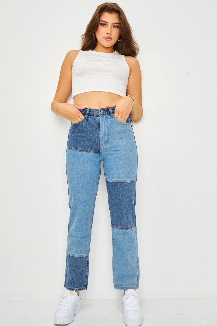 Jean Straight bleu patchwork
