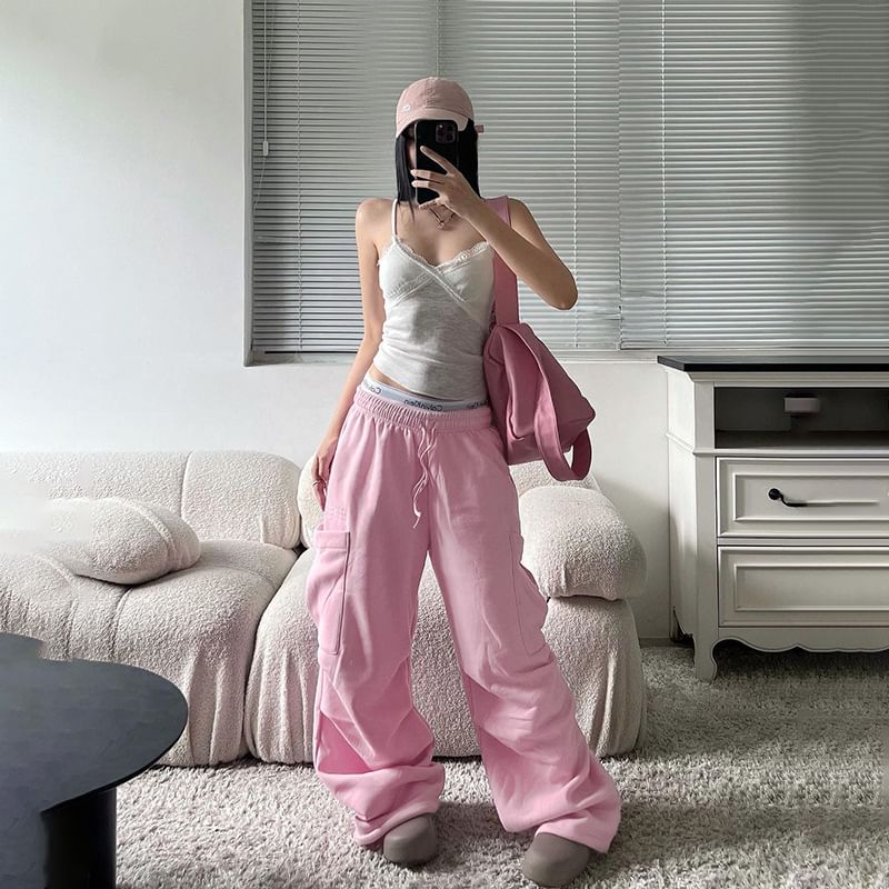 Alizio - Lage taille effen zak losse wijde joggingbroek