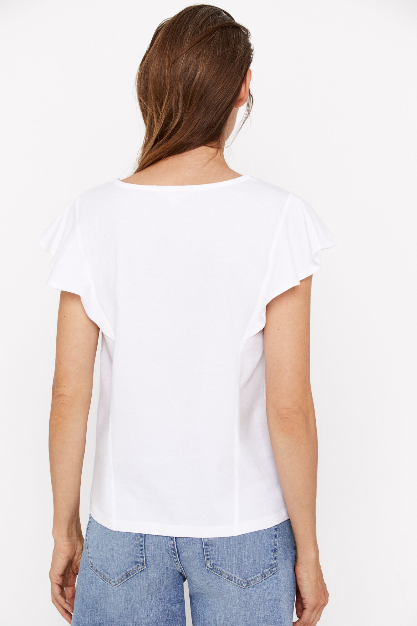 Camiseta com decote em V e fita rústica com babados - Branca