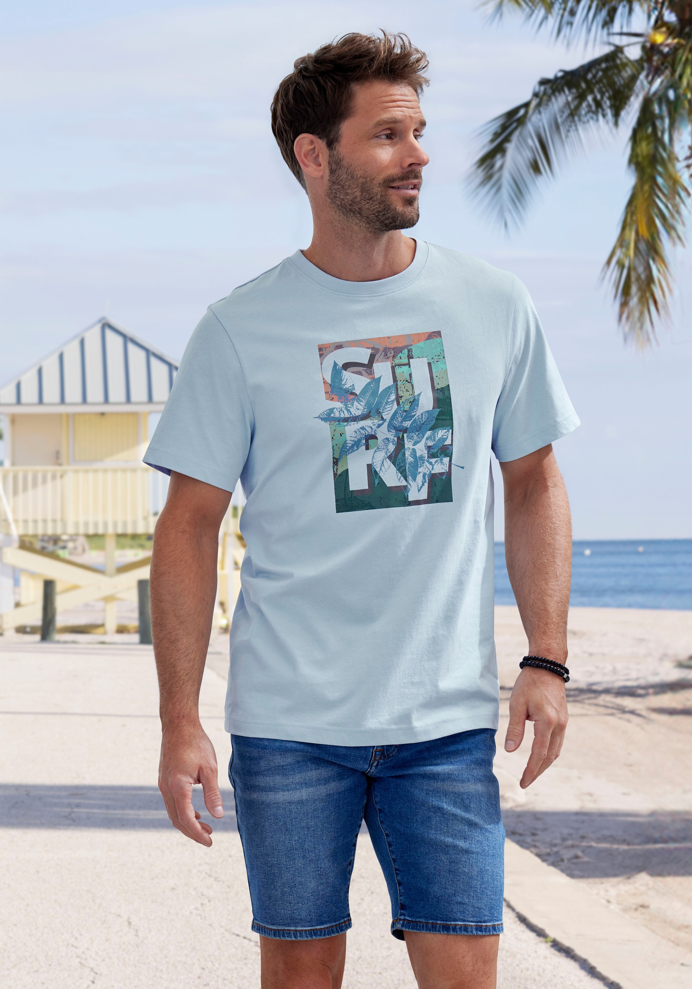John Devin T-Shirt , Rundhalsshirt mit Surf -Aufdruck aus reiner Baumwolle