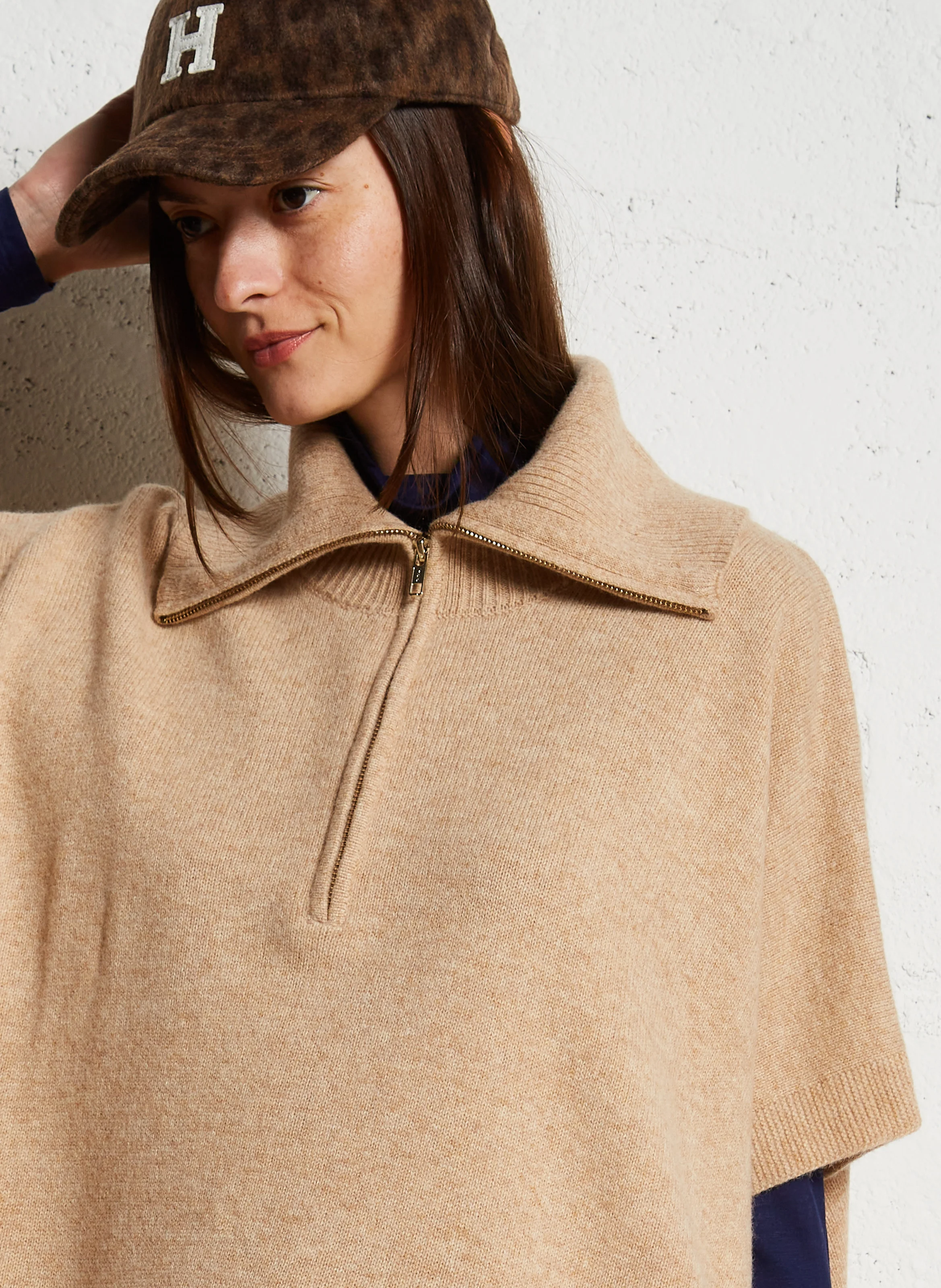 CAMERON - Poncho col camionneur en laine mélangée | Beige