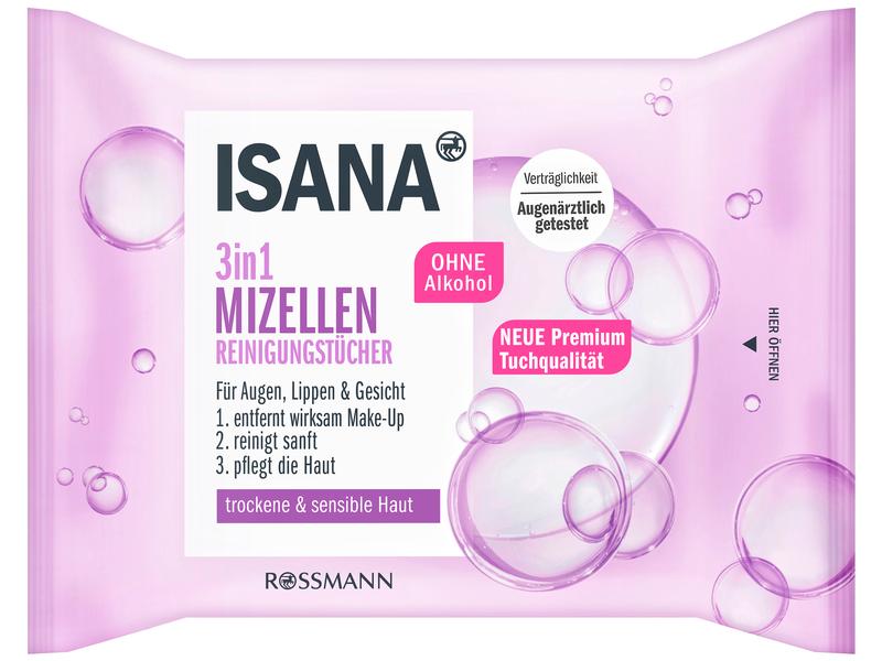 Isana Reinigungstücher 3 in 1 3 x 25 Stk. Augenärztlich getestete Reinigungstücher aus Viskose zur Entfernung von wasserfestem Make-up