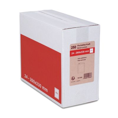 GPV - 250 Pochettes Enveloppes 24 260 x 330 mm - 90 gr - sans fenêtre - kraft - bande adhésive