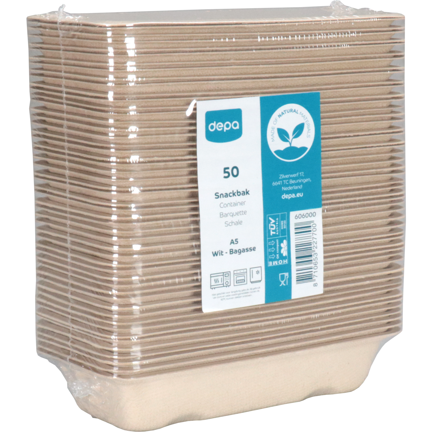 Depa Bak, Bagasse (suikerrietpulp), A5, snackbak, 150x77x30mm, naturel
