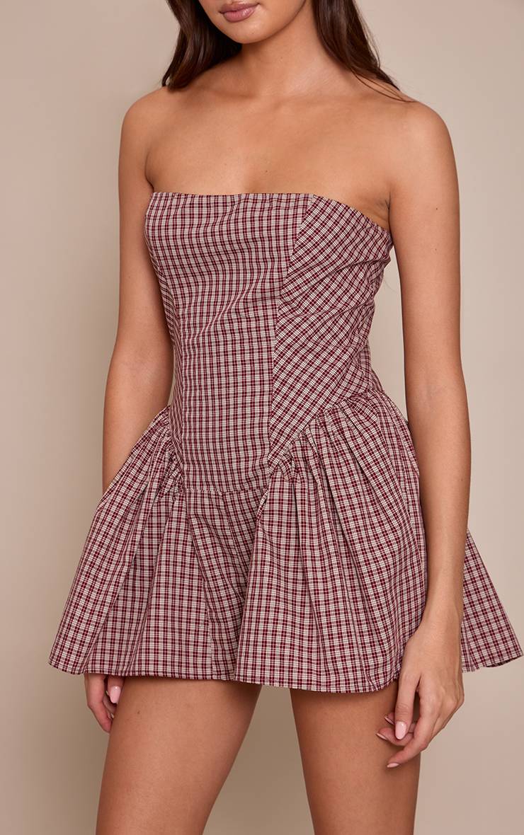 Rouge Bordeaux Combi-short Bandeau Tissé À Carreaux