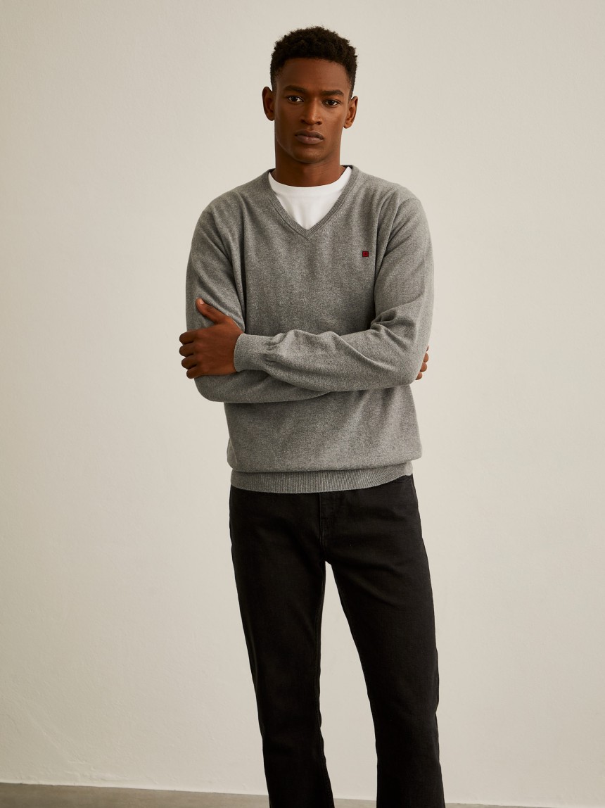 Pullover decote em V de algodão e caxemira