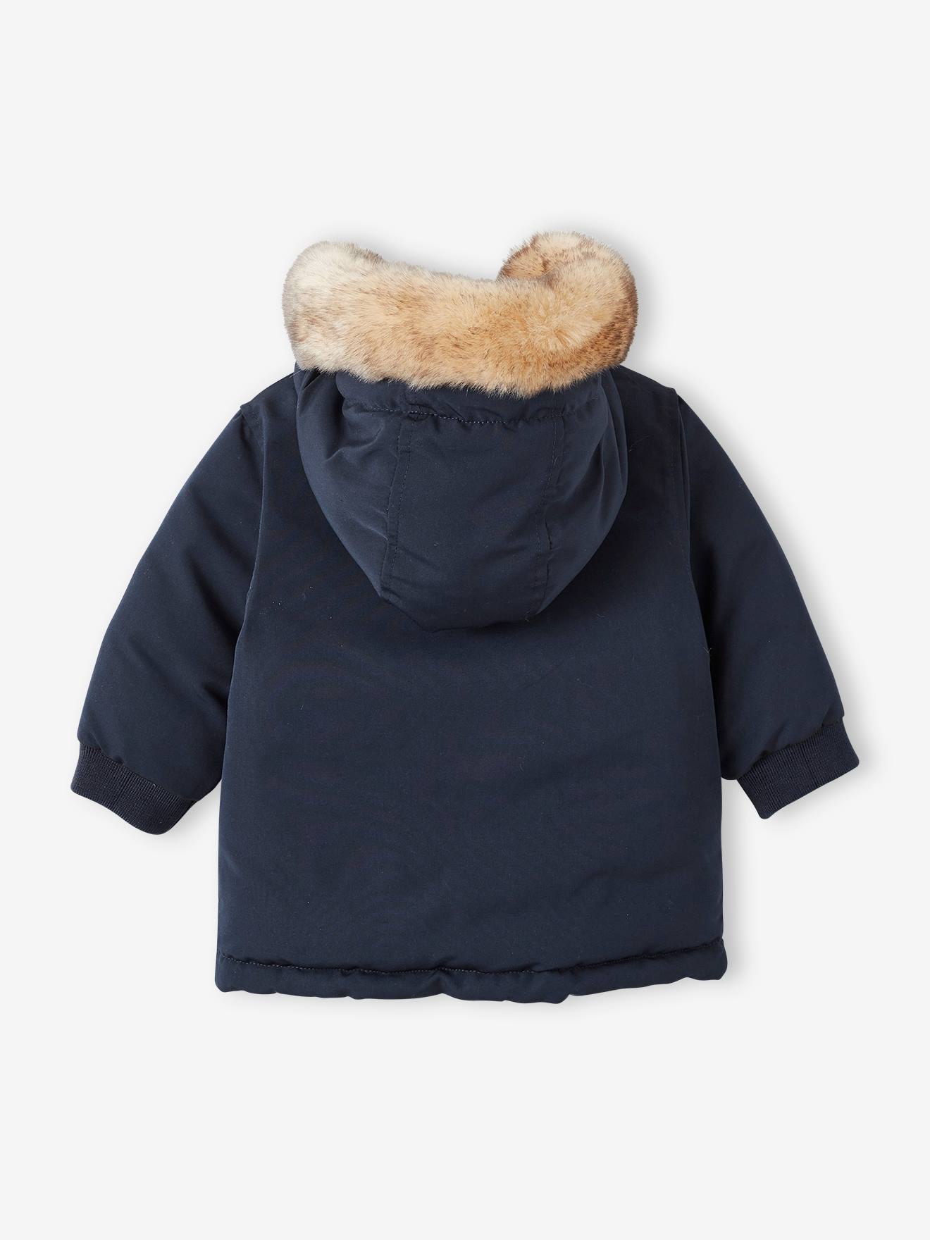 Casaco parka reversível para bebê com capuz, azul escuro liso com estampas.
